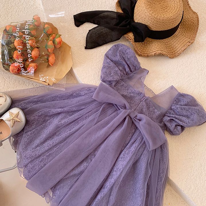 Elegant Purple Lace Kids Dress with Puff Sleeves and Bow - Girls' Tulle Party Gown