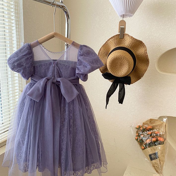 Elegant Purple Lace Kids Dress with Puff Sleeves and Bow - Girls' Tulle Party Gown