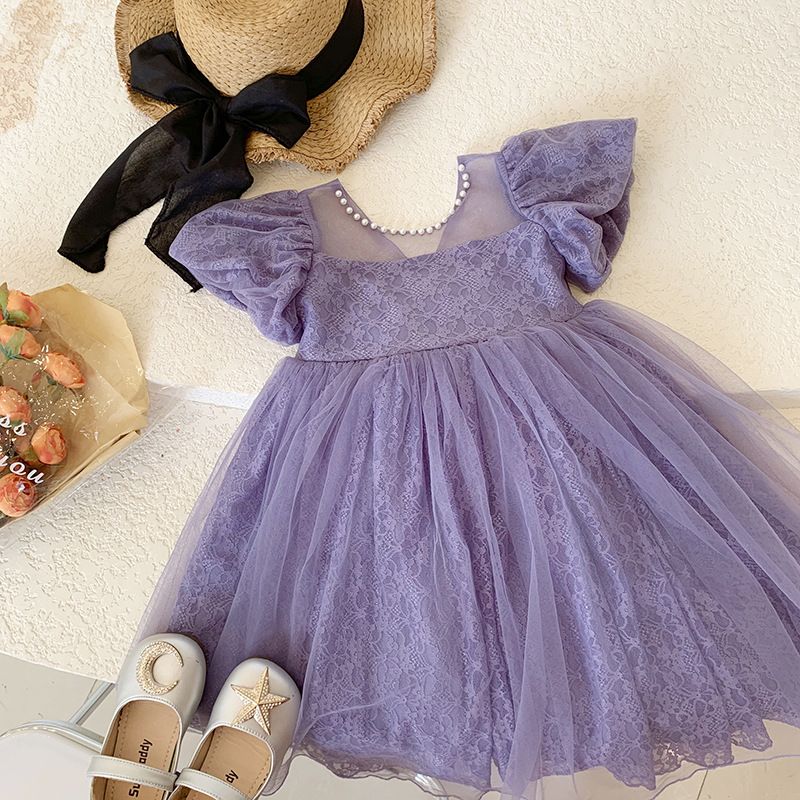 Elegant Purple Lace Kids Dress with Puff Sleeves and Bow - Girls' Tulle Party Gown