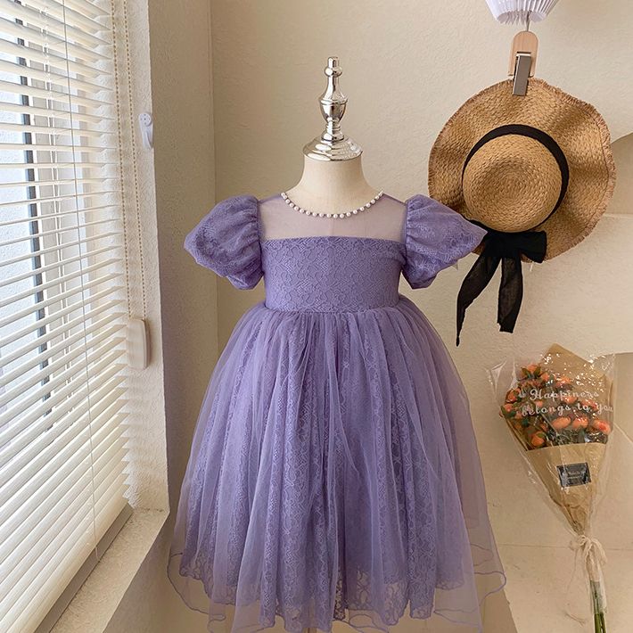 Elegant Purple Lace Kids Dress with Puff Sleeves and Bow - Girls' Tulle Party Gown