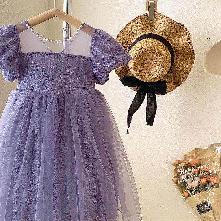 Elegant Purple Lace Kids Dress with Puff Sleeves and Bow - Girls' Tulle Party Gown