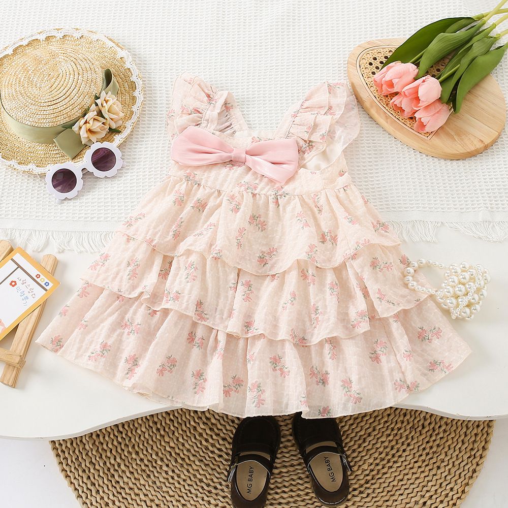 Bow flower ruffle children's dress - Girls summer sleeveless dress suitable for parties and birthday banquets