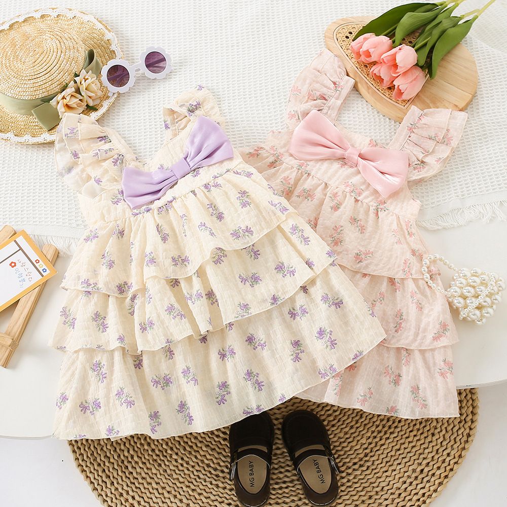 Bow flower ruffle children's dress - Girls summer sleeveless dress suitable for parties and birthday banquets