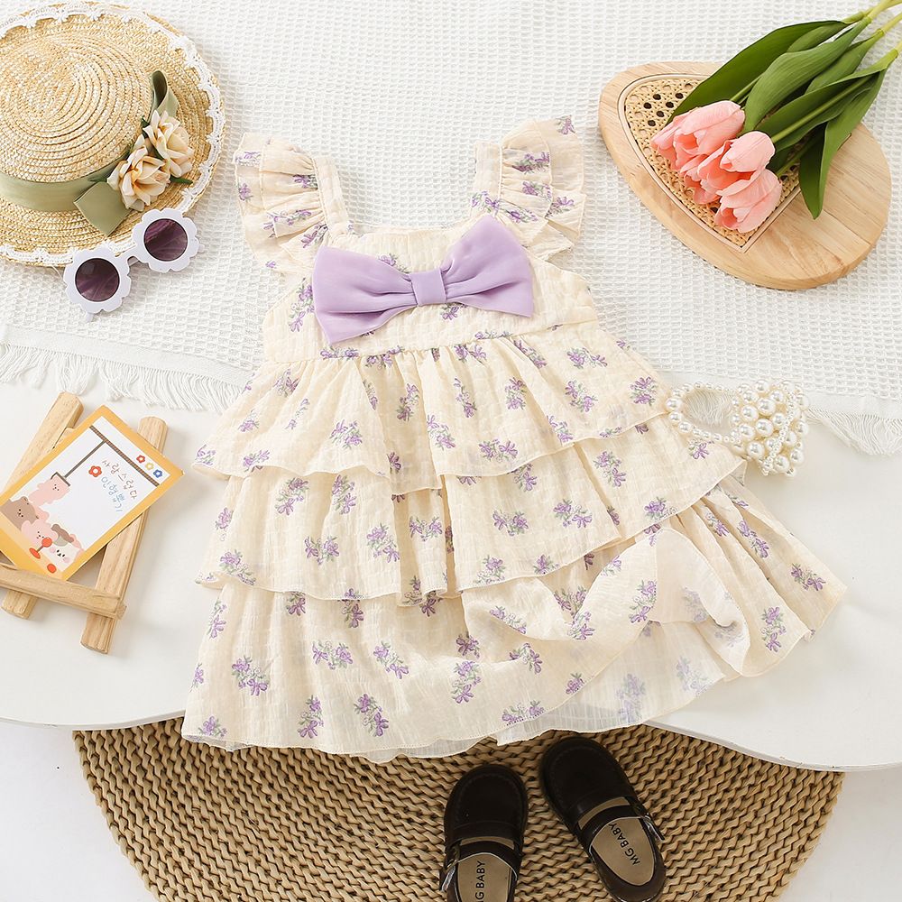 Bow flower ruffle children's dress - Girls summer sleeveless dress suitable for parties and birthday banquets