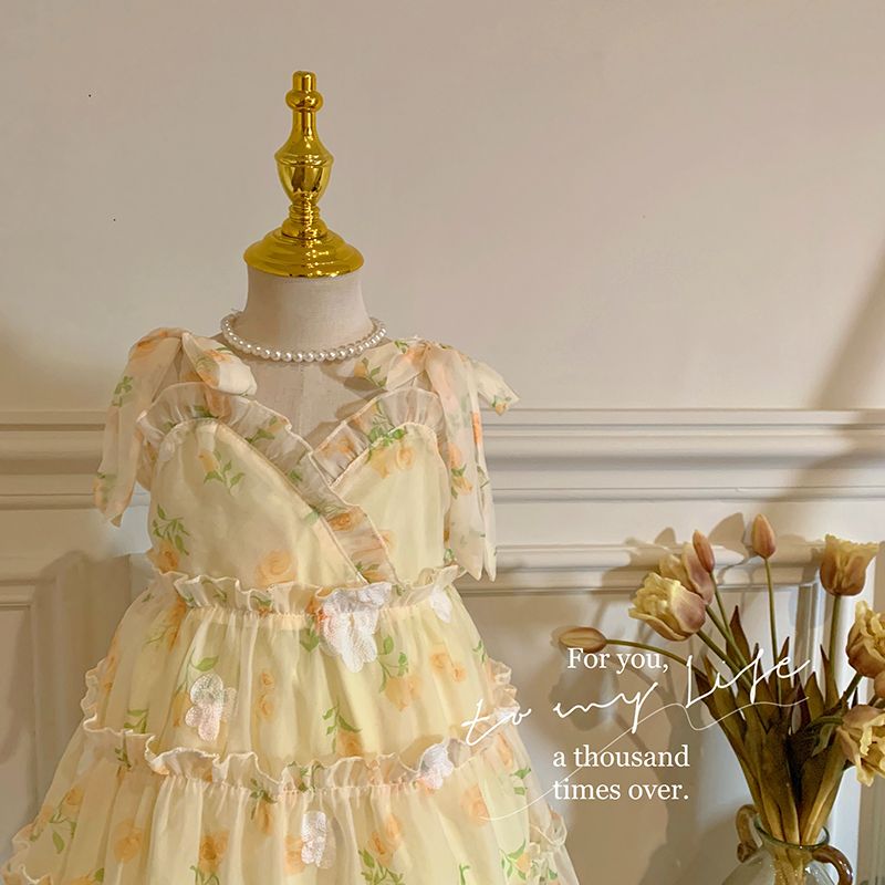 Elegant Floral Kids Dress with Ruffles and Bow - Girls' Summer Sleeveless Party Dress for Special Occasions and Events