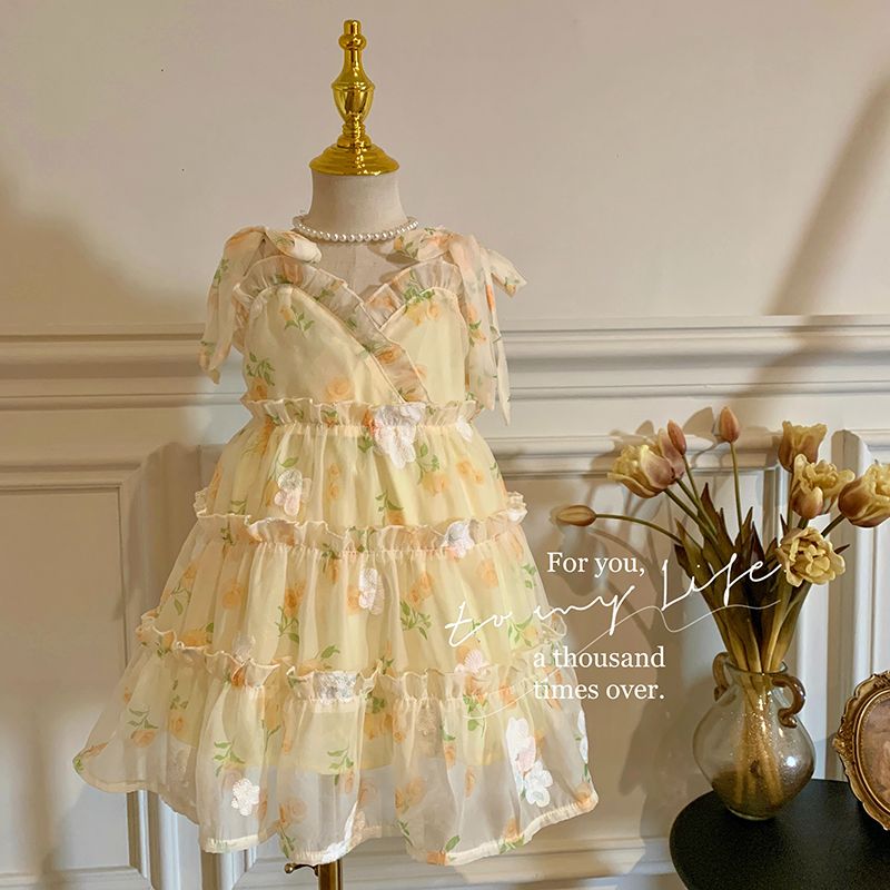 Elegant Floral Kids Dress with Ruffles and Bow - Girls' Summer Sleeveless Party Dress for Special Occasions and Events