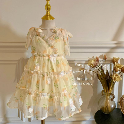 Elegant Floral Kids Dress with Ruffles and Bow - Girls' Summer Sleeveless Party Dress for Special Occasions and Events