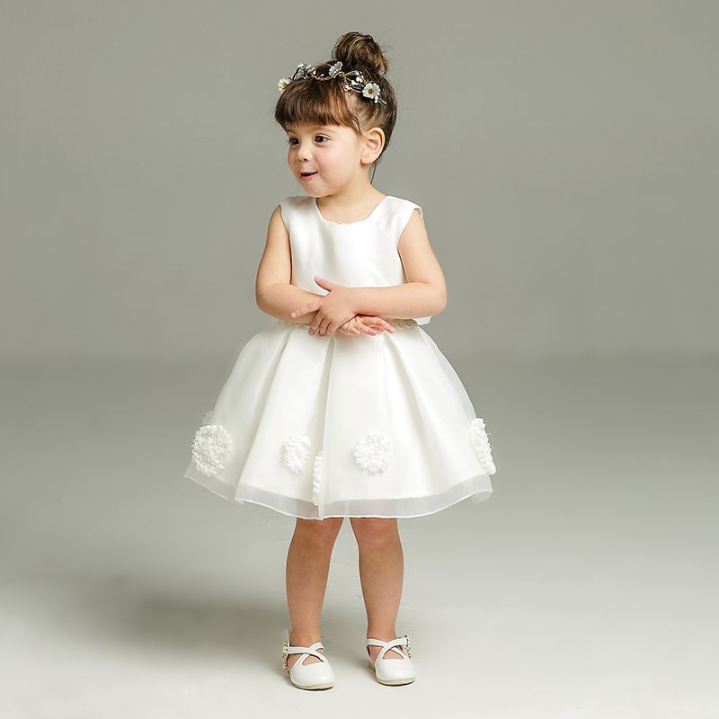 Elegant White Kids Dress with Bows - Girls' Sleeveless Party Dress for Weddings, Birthdays, and Special Events