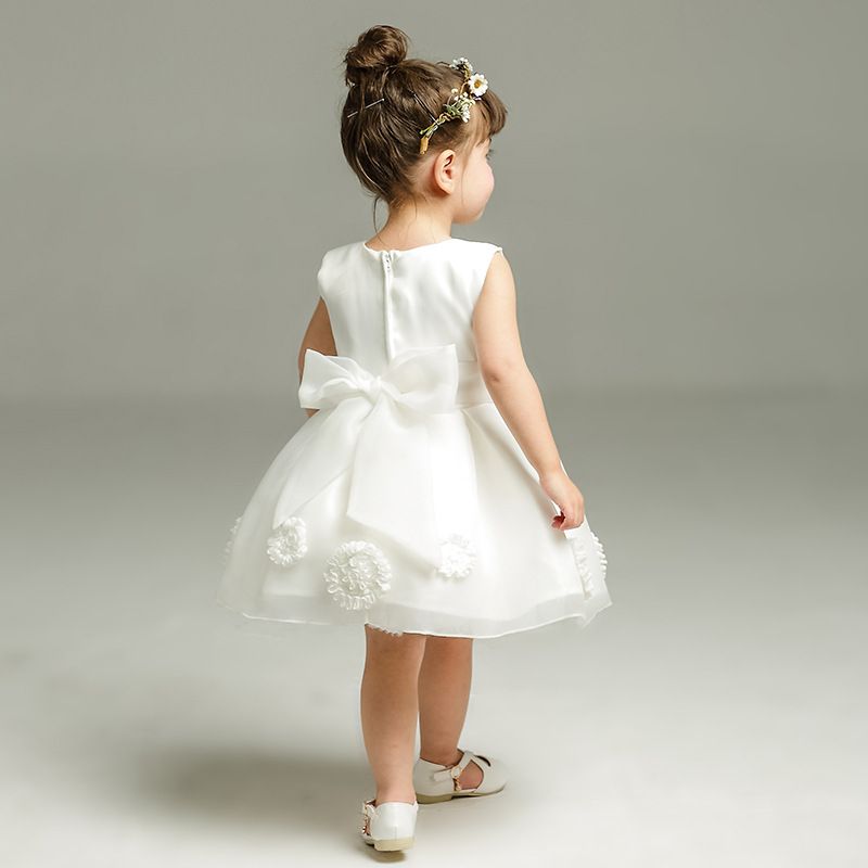 Elegant White Kids Dress with Bows - Girls' Sleeveless Party Dress for Weddings, Birthdays, and Special Events