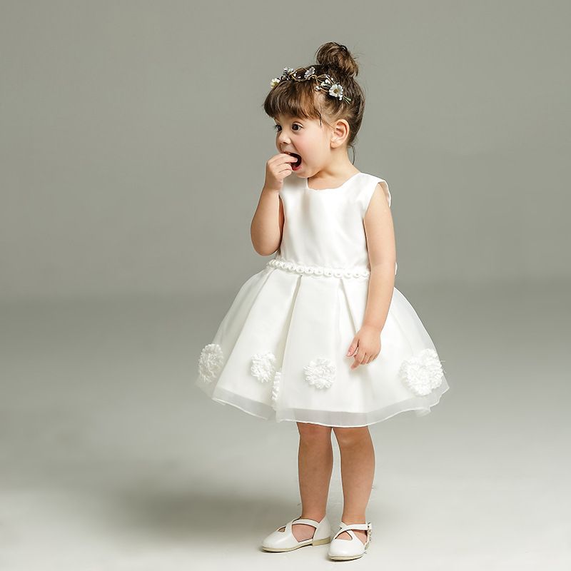 Elegant White Kids Dress with Bows - Girls' Sleeveless Party Dress for Weddings, Birthdays, and Special Events