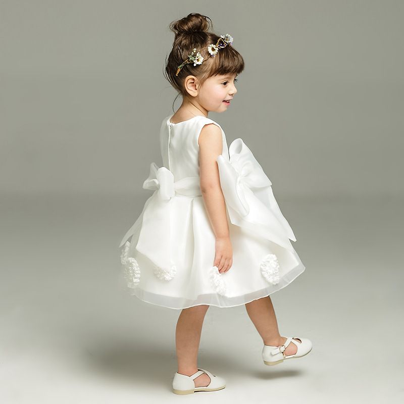 Elegant White Kids Dress with Bows - Girls' Sleeveless Party Dress for Weddings, Birthdays, and Special Events