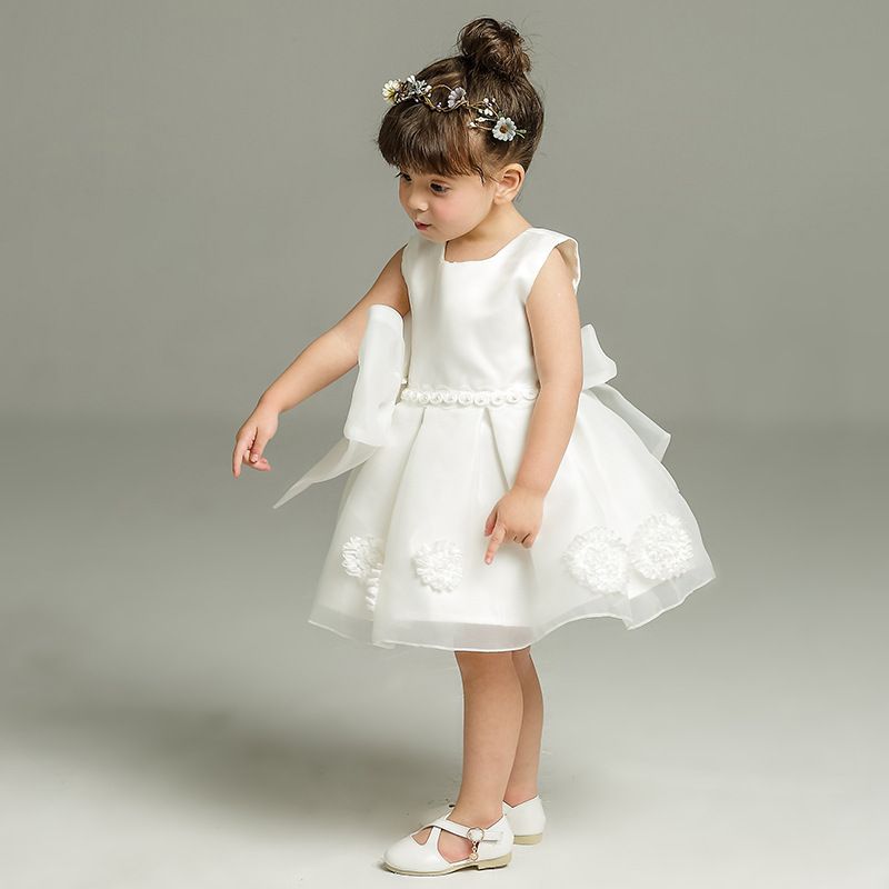 Elegant White Kids Dress with Bows - Girls' Sleeveless Party Dress for Weddings, Birthdays, and Special Events