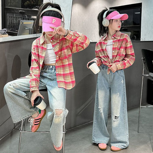 Fashion Kids' Distressed Jeans Loose High Waisted Girls' Pants Comfortable and Versatile Perfect for Casual Wear