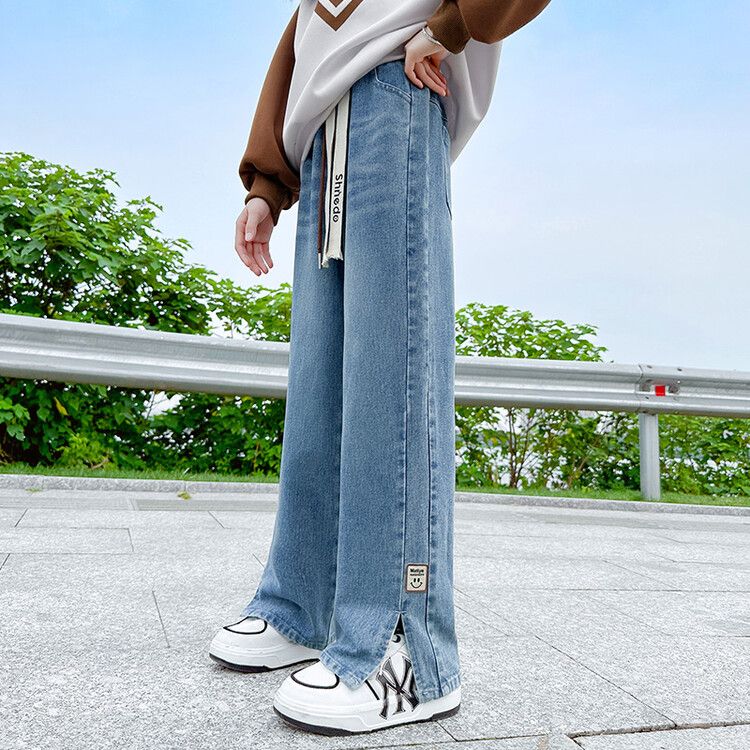 Girls' Loose Straight Leg Denim Pants - High Waist Casual Trousers, Comfortable and Stylish, Perfect for Spring and Autumn