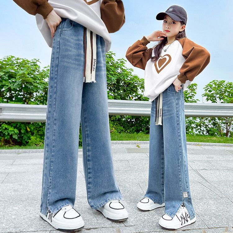 Girls' Loose Straight Leg Denim Pants - High Waist Casual Trousers, Comfortable and Stylish, Perfect for Spring and Autumn