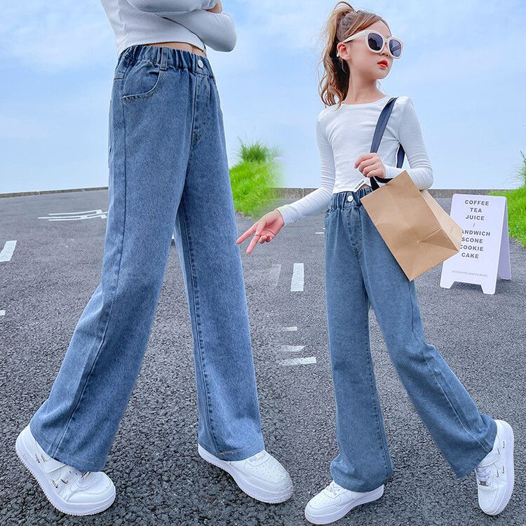 Girls' Wide Leg Denim Pants - High Waist Loose Fit Jeans, Casual and Comfortable, Ideal for Spring and Summer Outfits