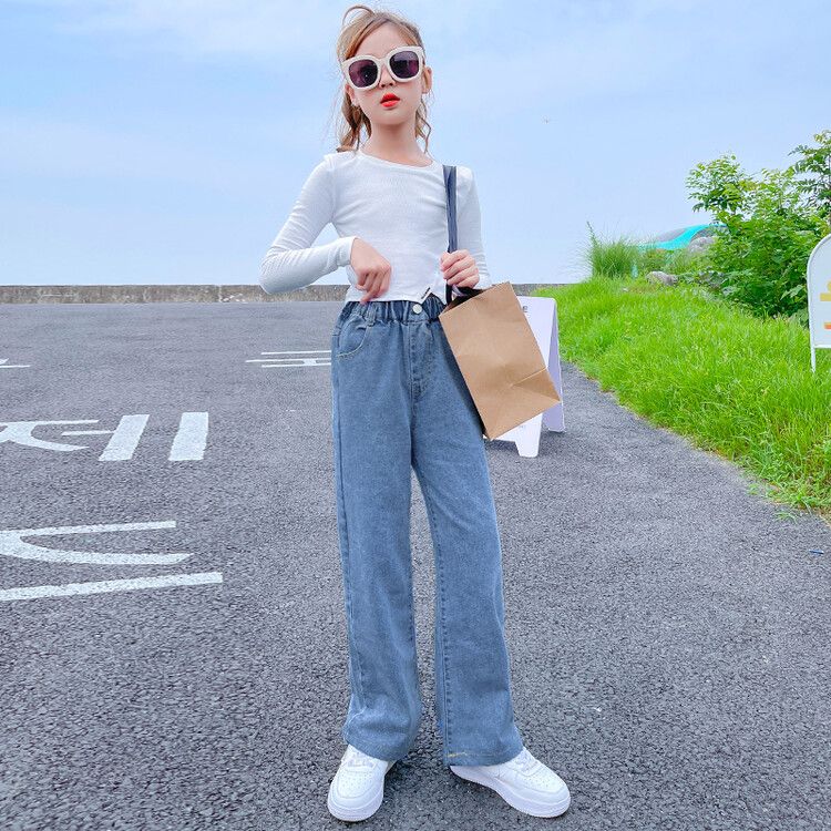 Girls' Wide Leg Denim Pants - High Waist Loose Fit Jeans, Casual and Comfortable, Ideal for Spring and Summer Outfits