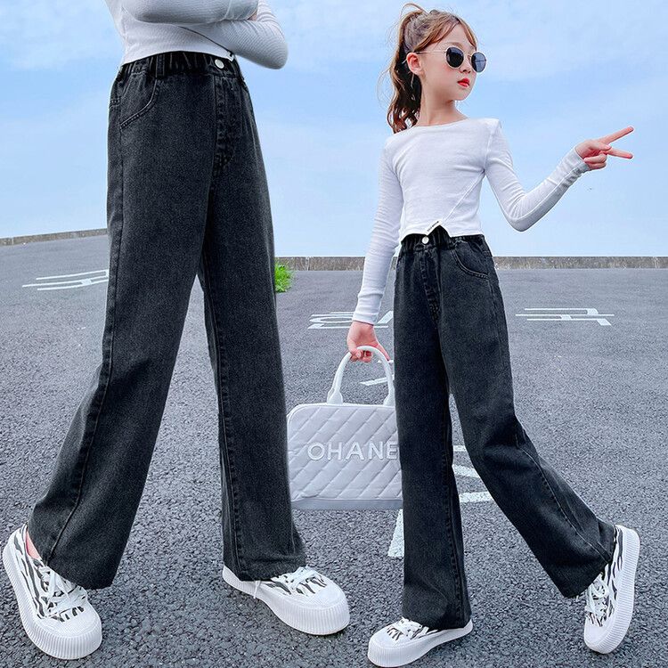 Girls' Wide Leg Denim Pants - High Waist Loose Fit Jeans, Casual and Comfortable, Ideal for Spring and Summer Outfits