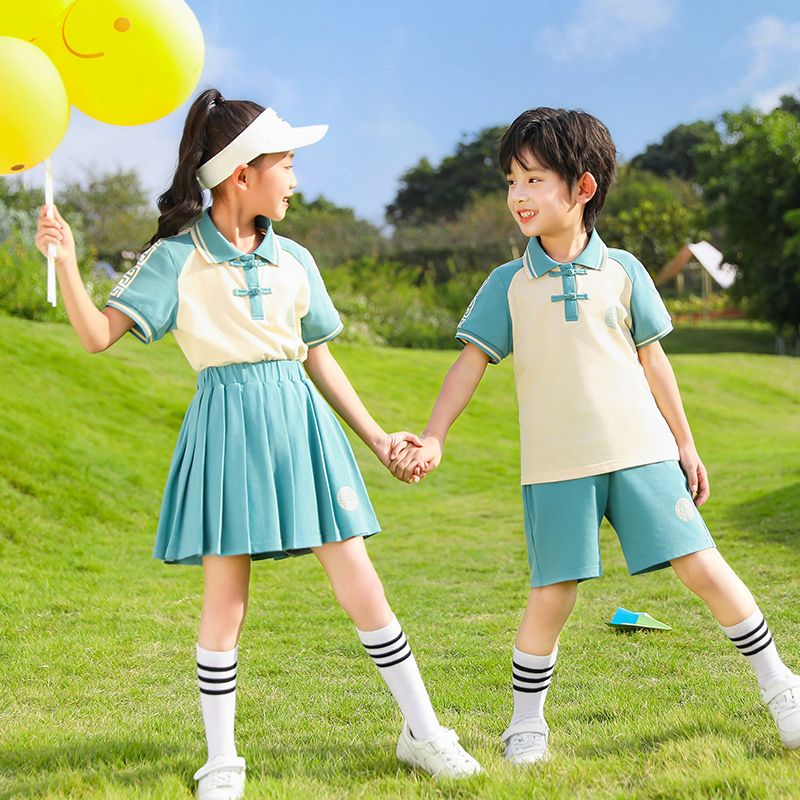 Summer cotton stripes matching the logo badge school uniform primary and secondary school students