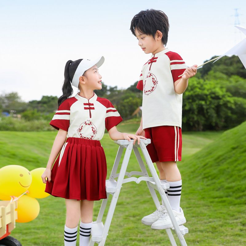 Summer cotton stripes matched with custom badge school uniform elementary school students' class service