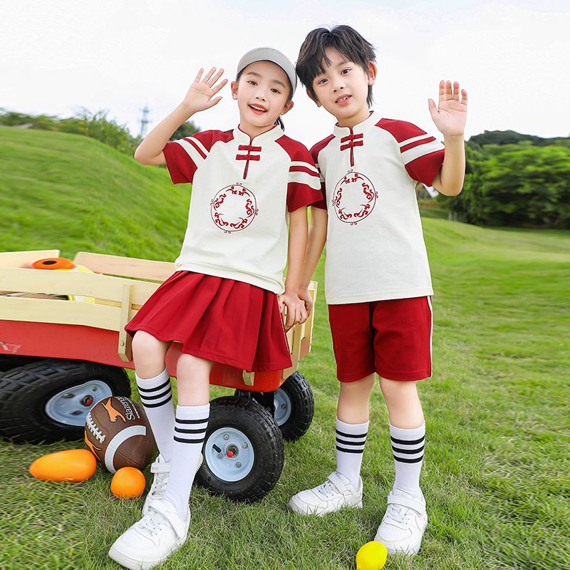 Summer cotton stripes matched with custom badge school uniform elementary school students' class service