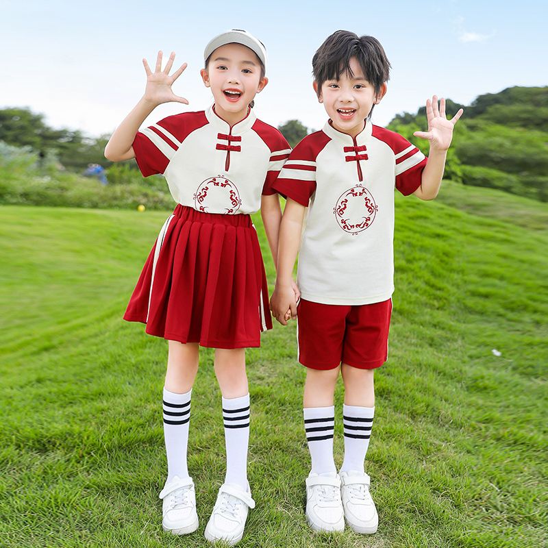 Summer cotton stripes matched with custom badge school uniform elementary school students' class service