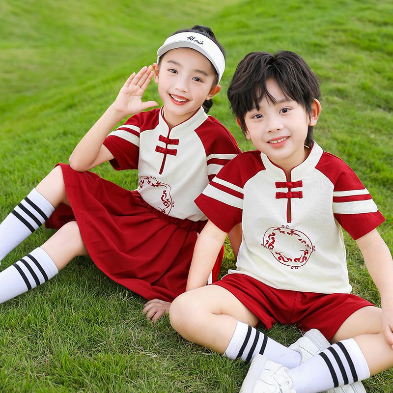 Summer cotton stripes matched with custom badge school uniform elementary school students' class service