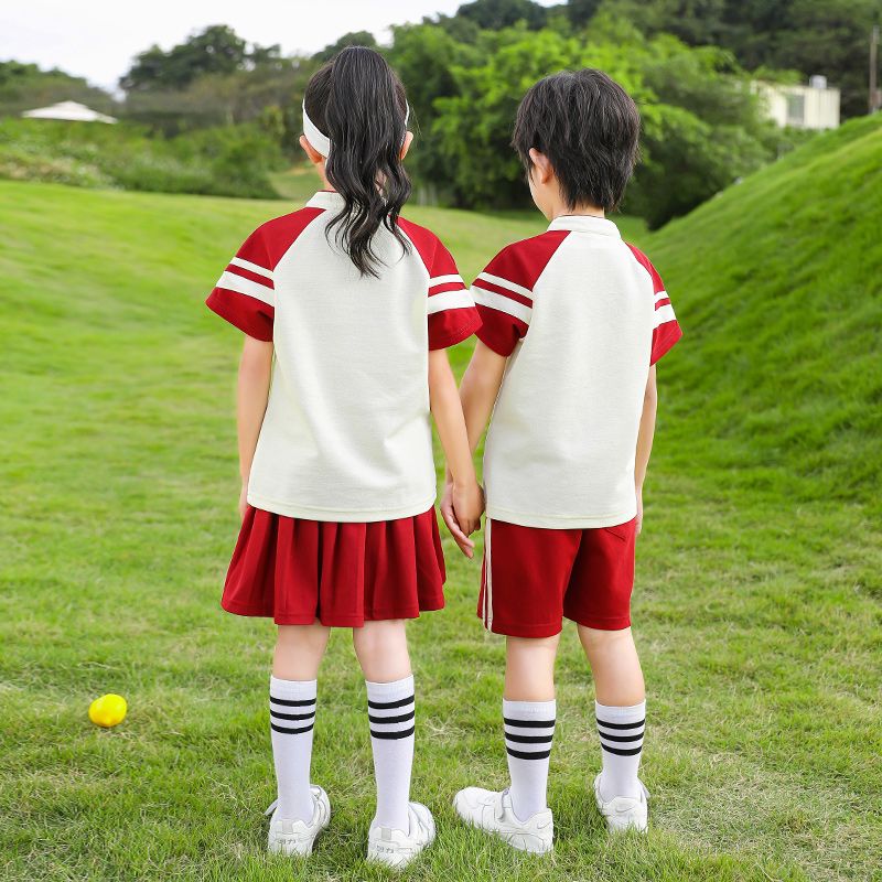 Summer cotton stripes matched with custom badge school uniform elementary school students' class service