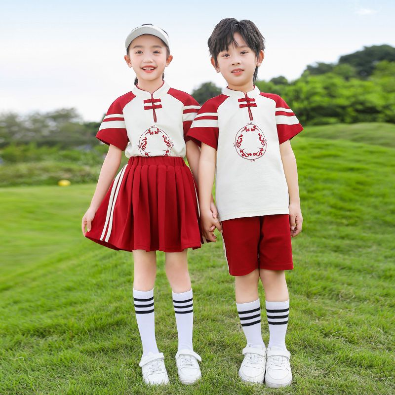 Summer cotton stripes matched with custom badge school uniform elementary school students' class service