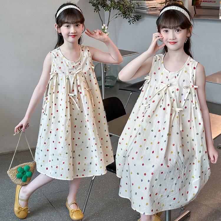 Girls' polka dot sleeveless kids dress, cute bow summer sundress, light and breathable