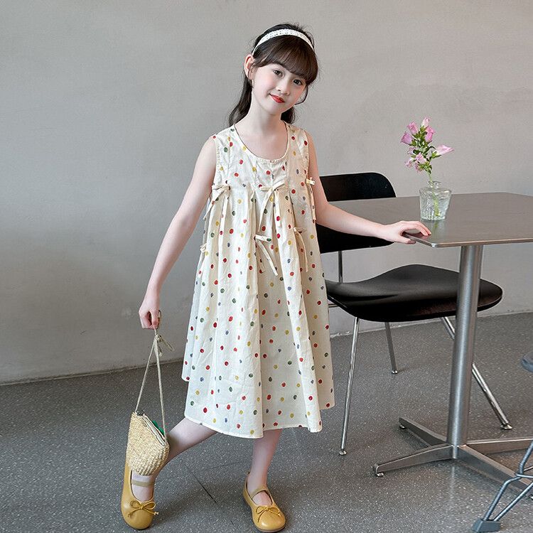 Girls' polka dot sleeveless kids dress, cute bow summer sundress, light and breathable