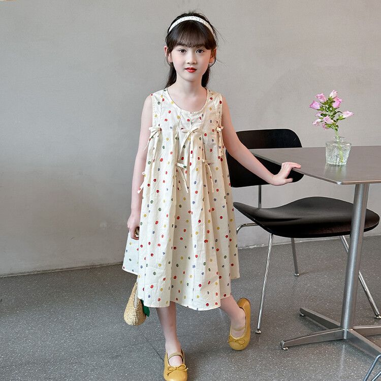 Girls' polka dot sleeveless kids dress, cute bow summer sundress, light and breathable