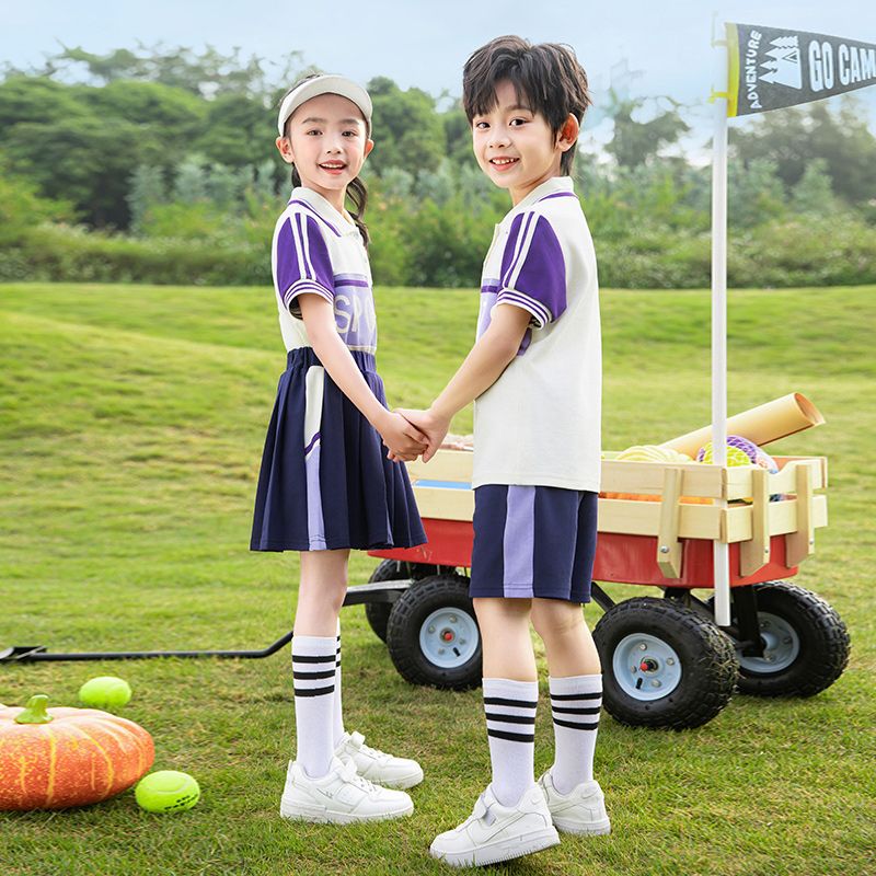 Summer pure cotton stripes matching and customized badge school uniform elementary school students' class uniforms