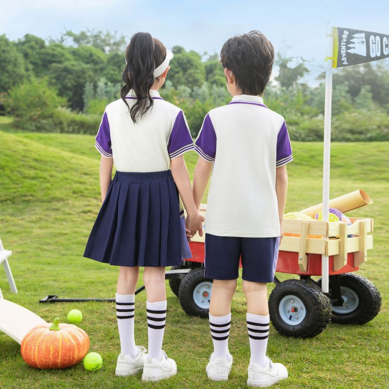 Summer pure cotton stripes matching and customized badge school uniform elementary school students' class uniforms