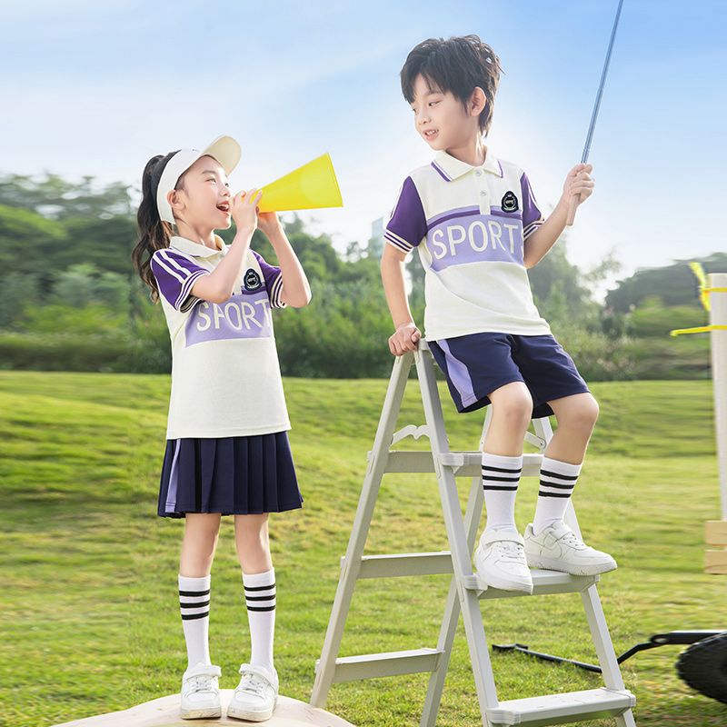 Summer pure cotton stripes matching and customized badge school uniform elementary school students' class uniforms