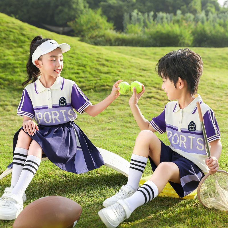 Summer pure cotton stripes matching and customized badge school uniform elementary school students' class uniforms