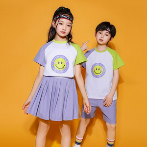 Summer pure cotton stripes matched with custom badge school uniform primary school students' class service kindergarten