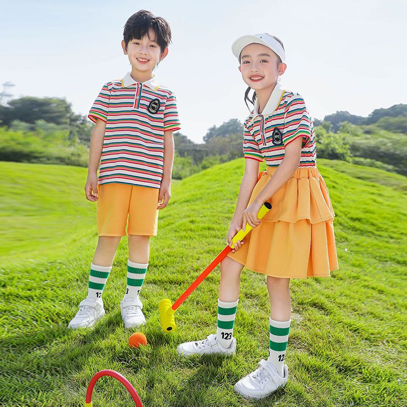 Summer pure cotton stripes matching badge school uniform primary school students' class service sports kindergarten cool