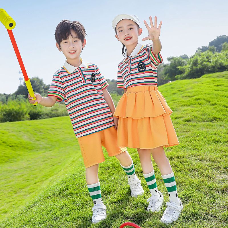 Summer pure cotton stripes matching badge school uniform primary school students' class service sports kindergarten cool