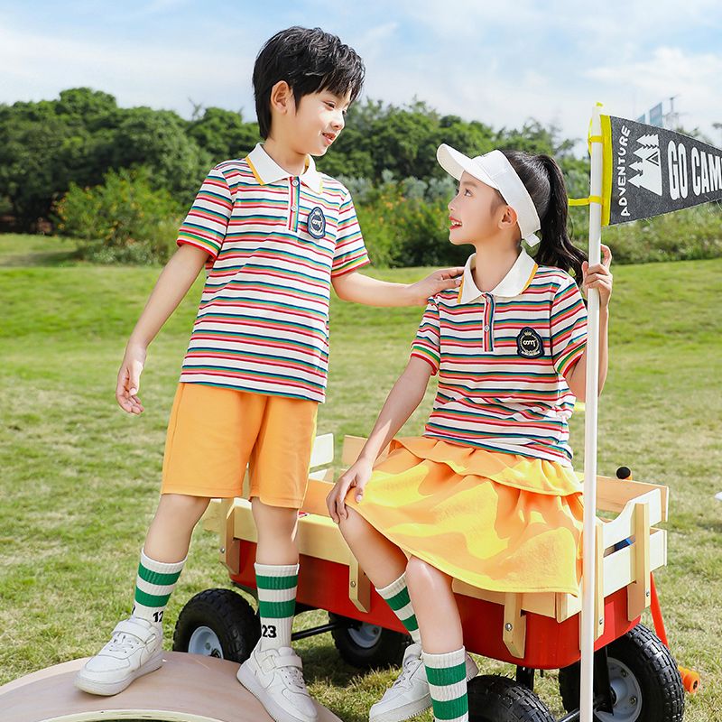 Summer pure cotton stripes matching badge school uniform primary school students' class service sports kindergarten cool