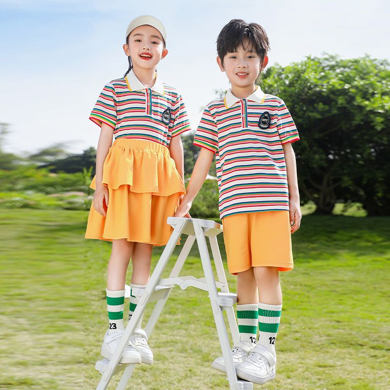 Summer pure cotton stripes matching badge school uniform primary school students' class service sports kindergarten cool