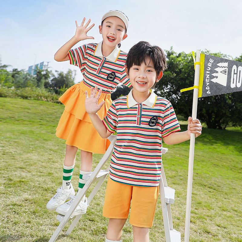 Summer pure cotton stripes matching badge school uniform primary school students' class service sports kindergarten cool