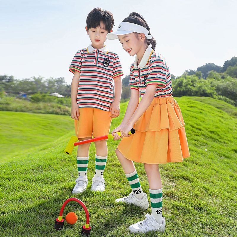 Summer pure cotton stripes matching badge school uniform primary school students' class service sports kindergarten cool