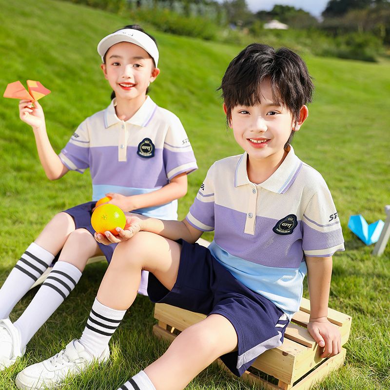 Summer pure cotton stripes matching and custom badge school uniform elementary school students' class service