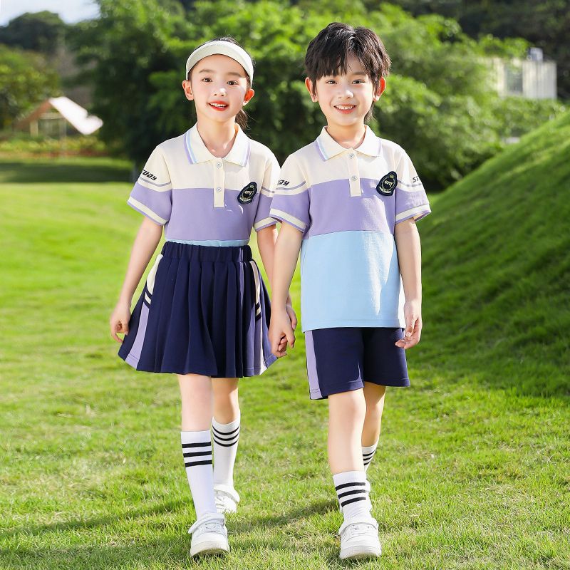 Summer pure cotton stripes matching and custom badge school uniform elementary school students' class service