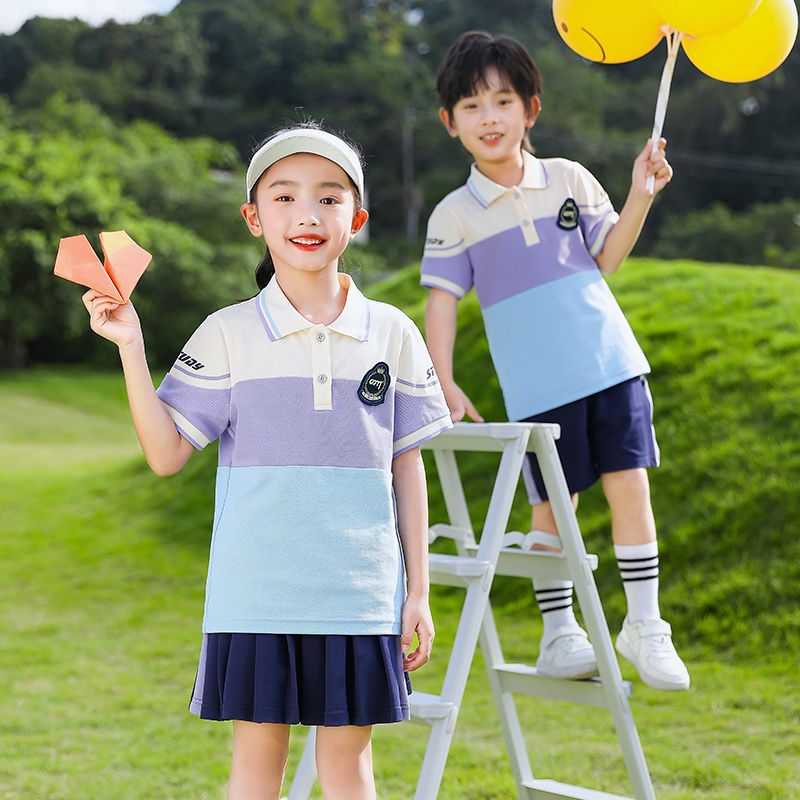 Summer pure cotton stripes matching and custom badge school uniform elementary school students' class service