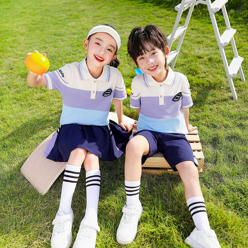 Summer pure cotton stripes matching and custom badge school uniform elementary school students' class service