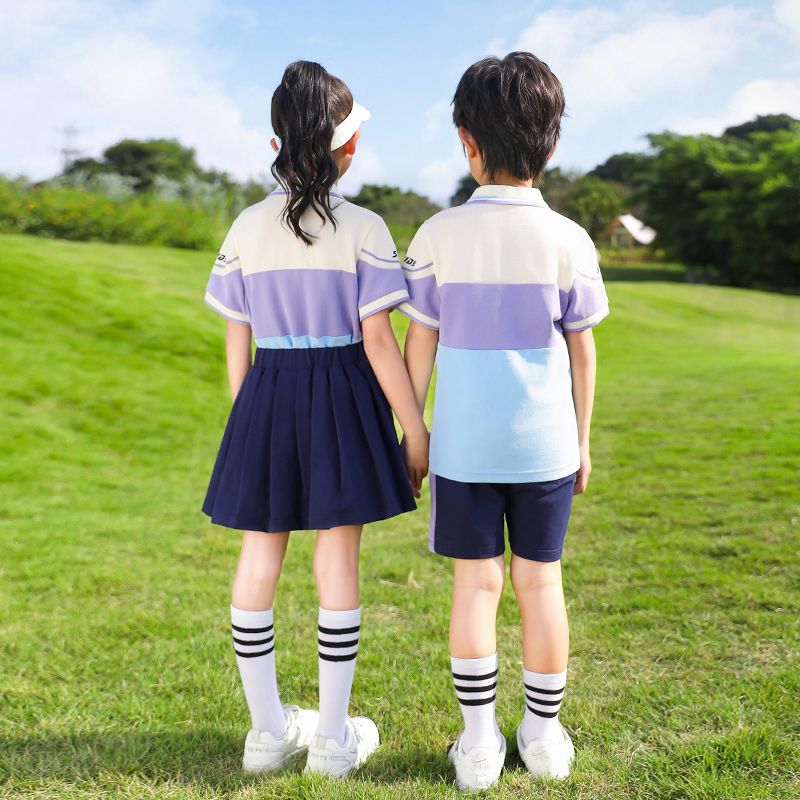 Summer pure cotton stripes matching and custom badge school uniform elementary school students' class service