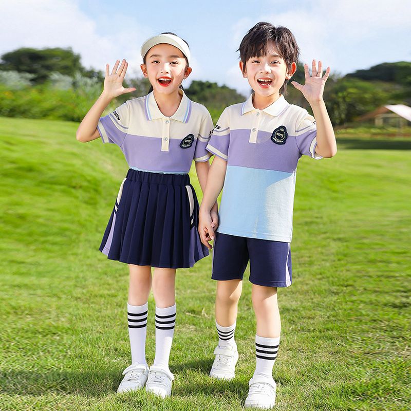 Summer pure cotton stripes matching and custom badge school uniform elementary school students' class service