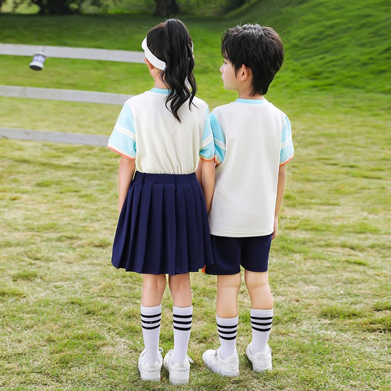 Summer pure cotton stripes matching and custom badge school uniform elementary school students' class service two -piece set